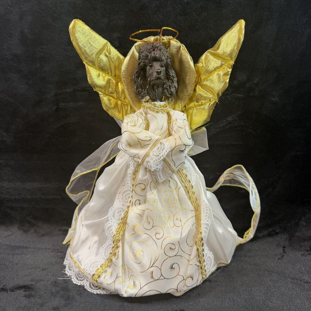 Poodle Dog Angel Doll Christmas Tree Topper Gold Wings Halo 12โ Holiday Decor